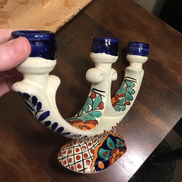 MEXICAN POTTERY GARAY 3 LITE CANDELABRA, CANDLESTICK, FOLK ART - Picture 8 of 13